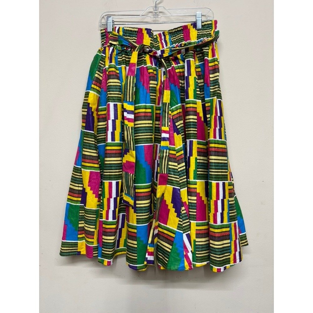 AJ Multicolor African Print Midi Flare Skirt Womens Free Size Elastic Waist